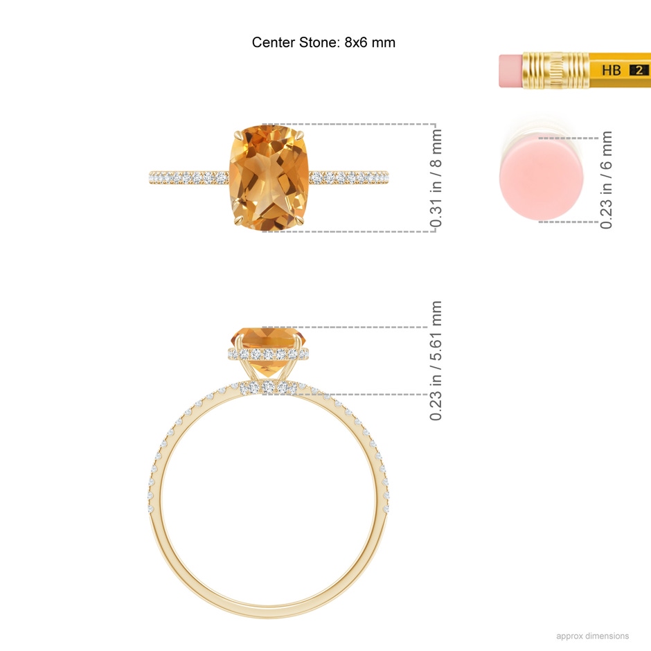 8x6mm A Thin Shank Cushion Cut Citrine Ring With Diamond Accents in Yellow Gold ruler