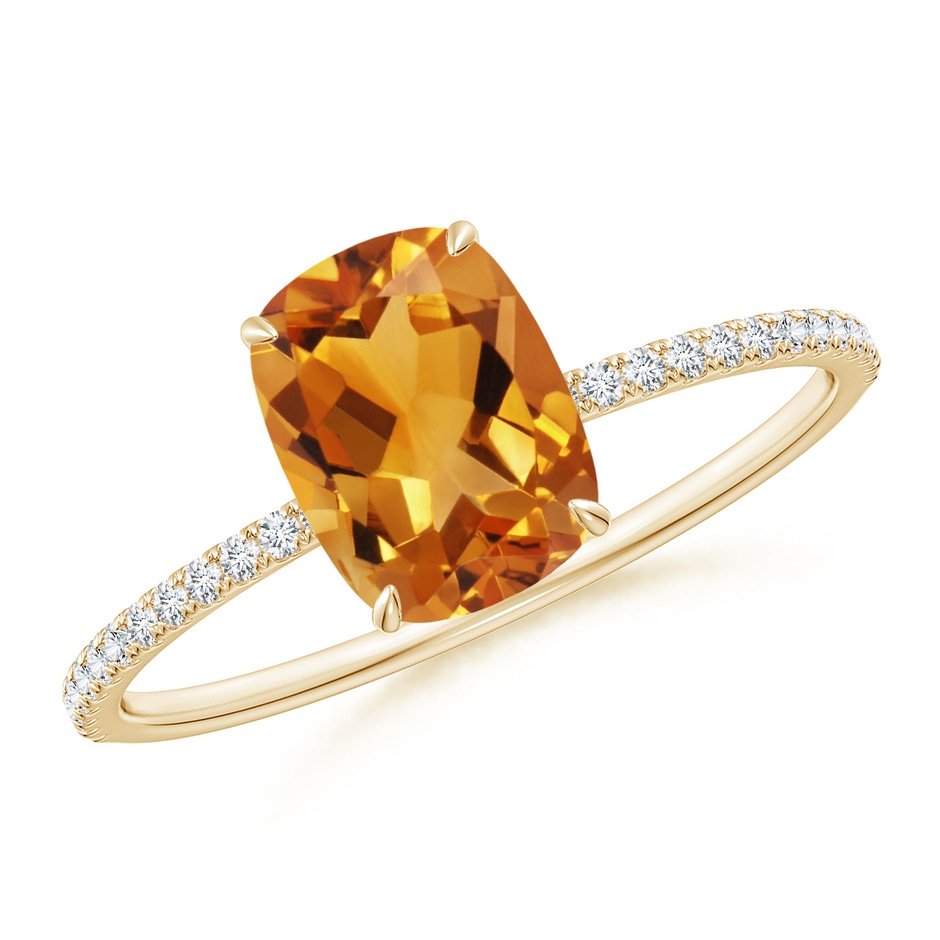 8x6mm AA Thin Shank Cushion Cut Citrine Ring With Diamond Accents in Yellow Gold 