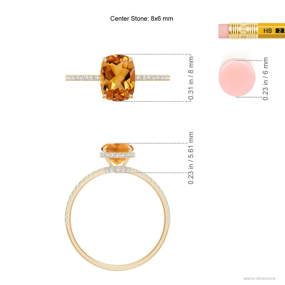 8x6mm AA Thin Shank Cushion Cut Citrine Ring With Diamond Accents in Yellow Gold ruler