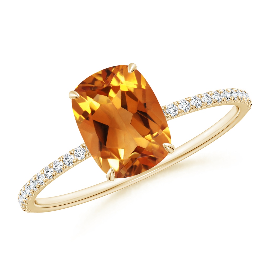 8x6mm AAA Thin Shank Cushion Cut Citrine Ring With Diamond Accents in Yellow Gold