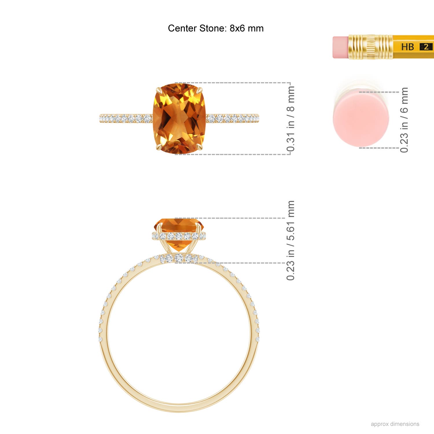 8x6mm AAA Thin Shank Cushion Cut Citrine Ring With Diamond Accents in Yellow Gold - ruler
