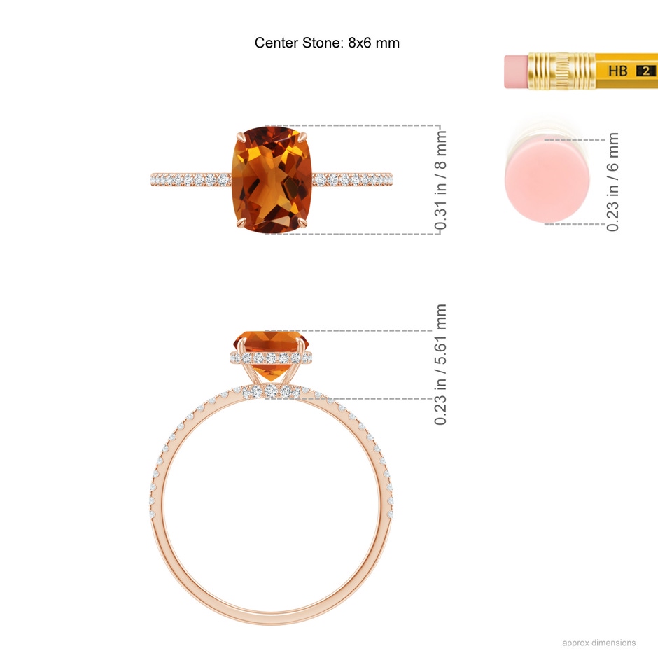 8x6mm AAAA Thin Shank Cushion Cut Citrine Ring With Diamond Accents in 18K Rose Gold ruler