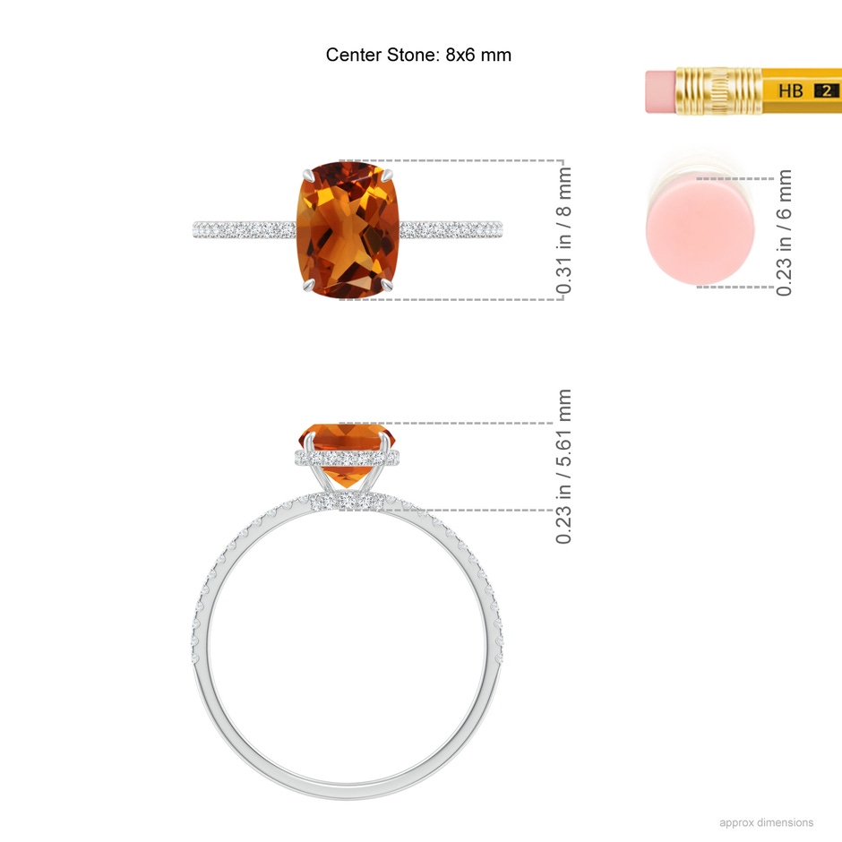 8x6mm AAAA Thin Shank Cushion Cut Citrine Ring With Diamond Accents in 18K White Gold ruler