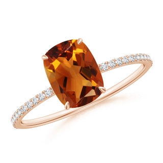 8x6mm AAAA Thin Shank Cushion Cut Citrine Ring With Diamond Accents in Rose Gold