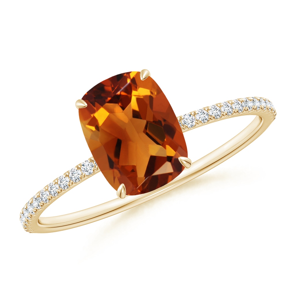 8x6mm AAAA Thin Shank Cushion Cut Citrine Ring With Diamond Accents in Yellow Gold