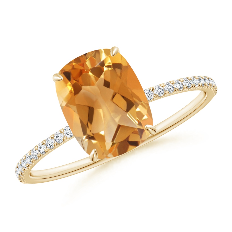 9x7mm A Thin Shank Cushion Cut Citrine Ring With Diamond Accents in 18K Yellow Gold 