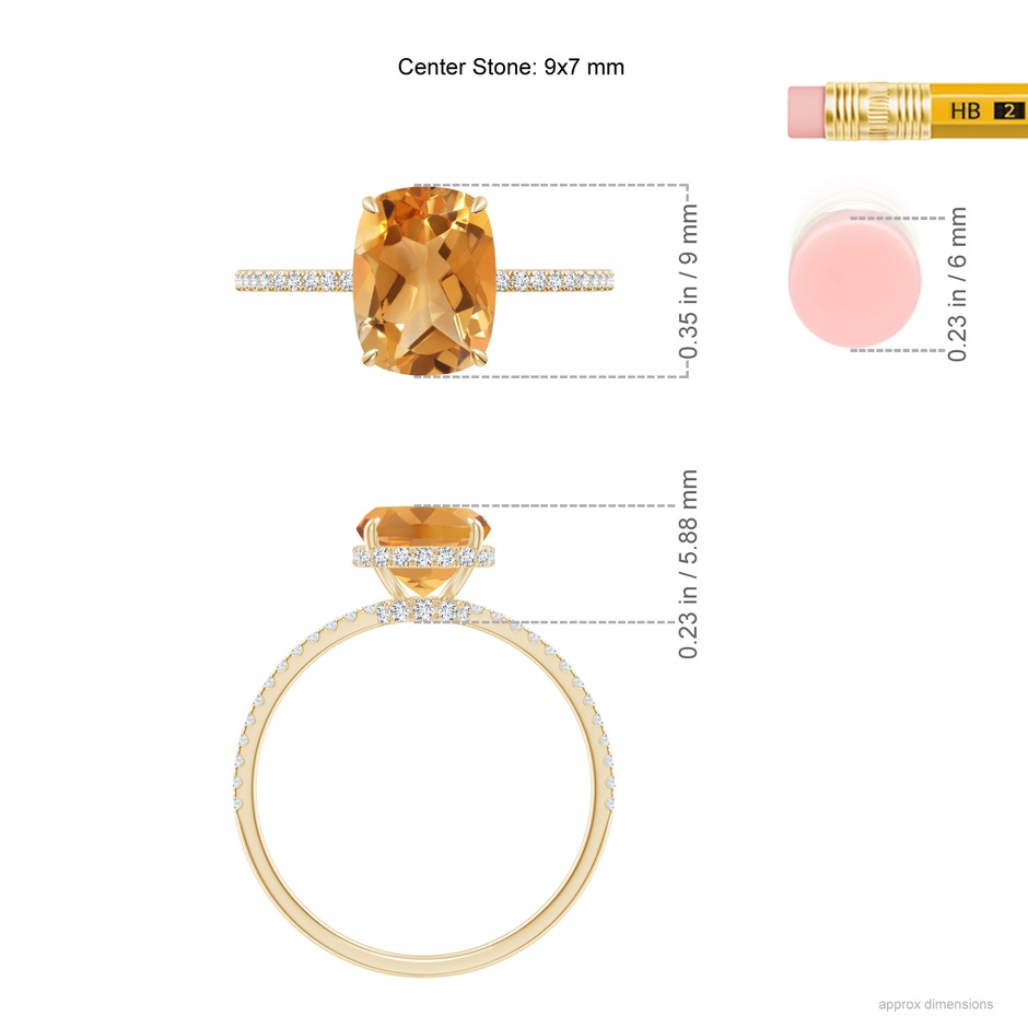 9x7mm A Thin Shank Cushion Cut Citrine Ring With Diamond Accents in 18K Yellow Gold ruler