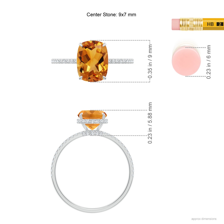 9x7mm AA Thin Shank Cushion Cut Citrine Ring With Diamond Accents in 18K White Gold ruler
