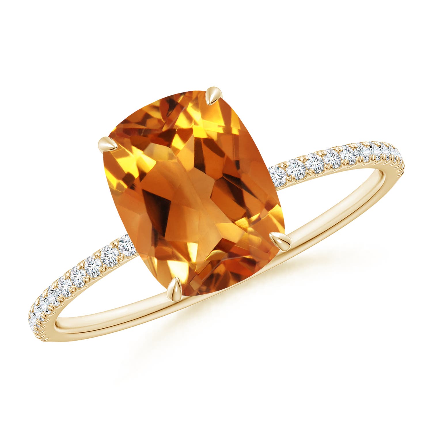 9x7mm AAA Thin Shank Cushion Cut Citrine Ring With Diamond Accents in 18K Yellow Gold