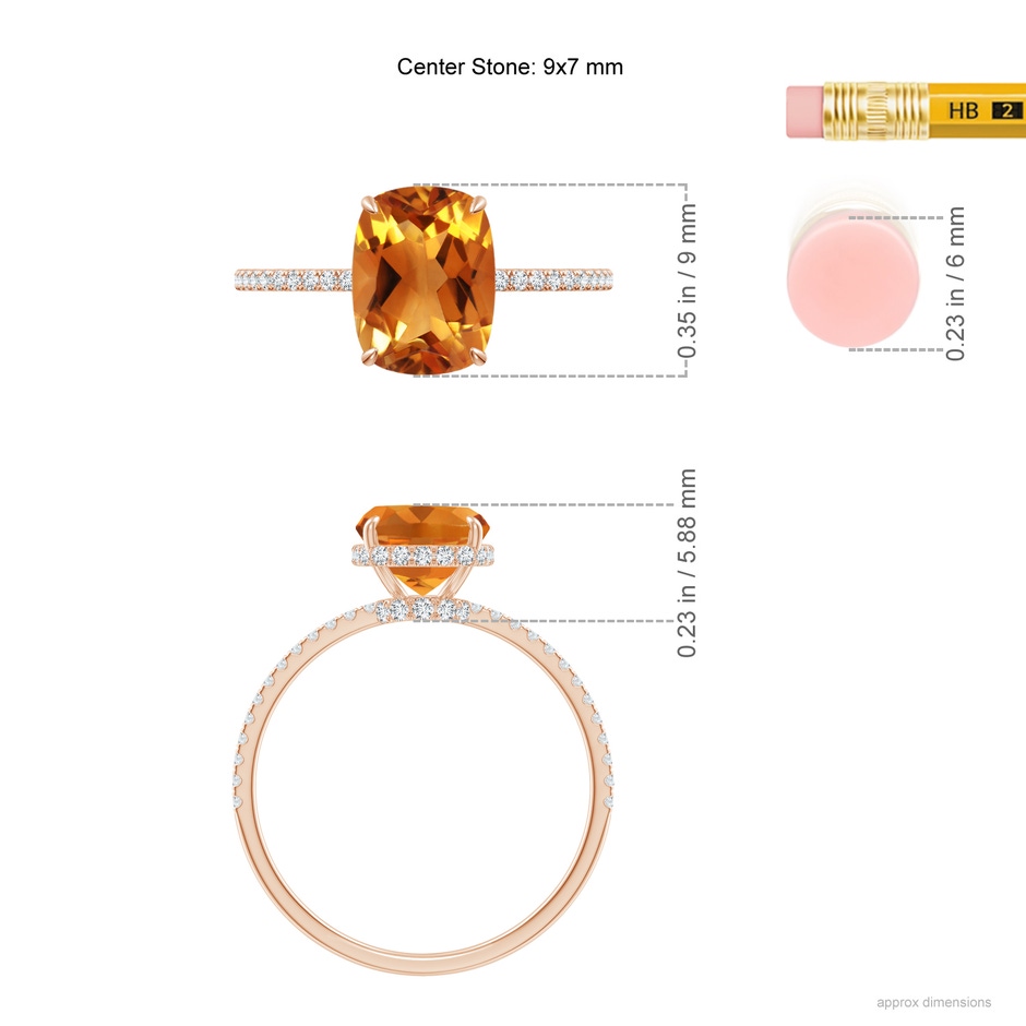 9x7mm AAA Thin Shank Cushion Cut Citrine Ring With Diamond Accents in Rose Gold ruler