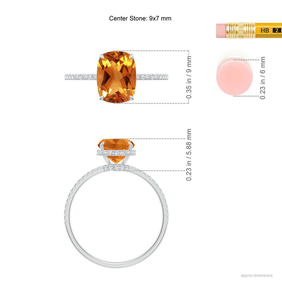 9x7mm AAA Thin Shank Cushion Cut Citrine Ring With Diamond Accents in White Gold ruler