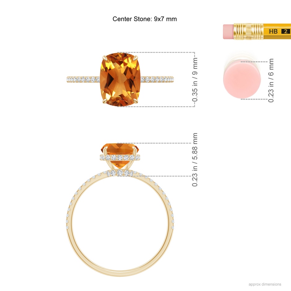 9x7mm AAA Thin Shank Cushion Cut Citrine Ring With Diamond Accents in Yellow Gold ruler