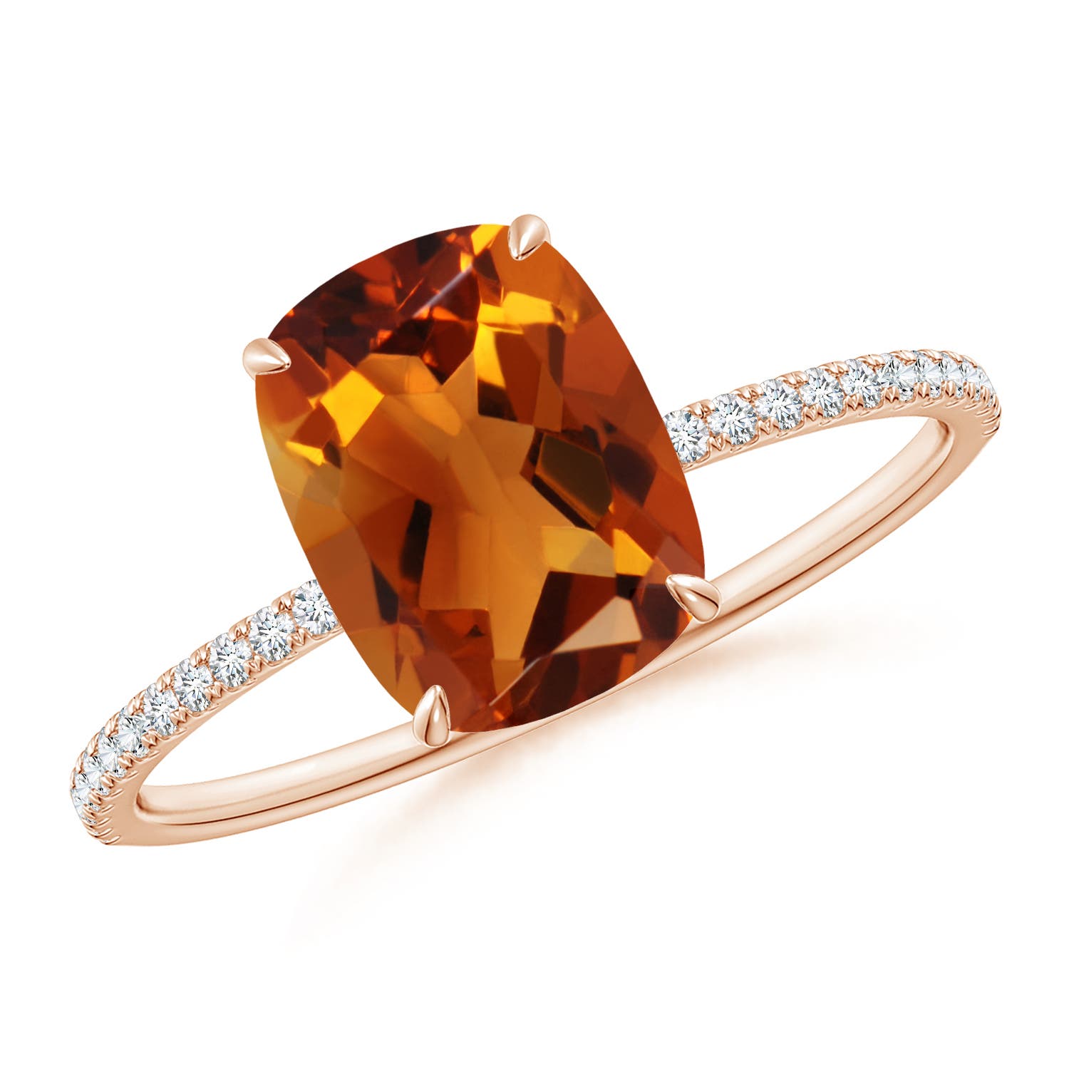 9x7mm AAAA Thin Shank Cushion Cut Citrine Ring With Diamond Accents in 18CT Rose Gold