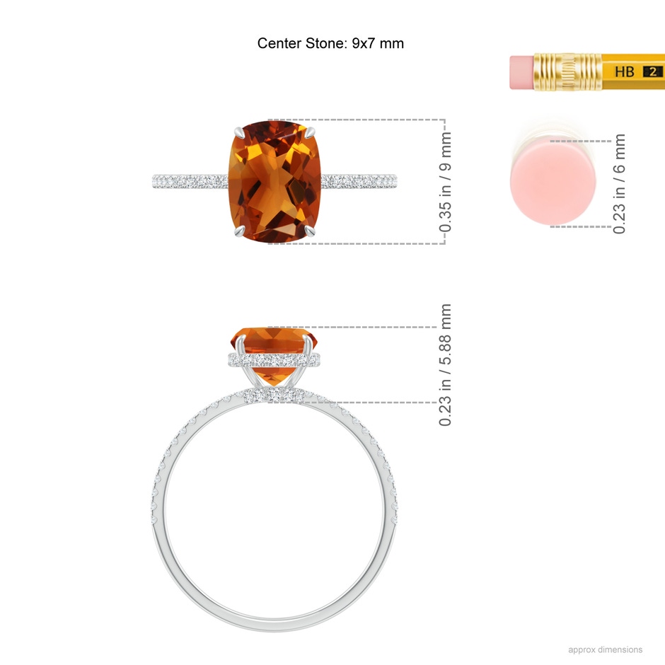 9x7mm AAAA Thin Shank Cushion Cut Citrine Ring With Diamond Accents in White Gold ruler
