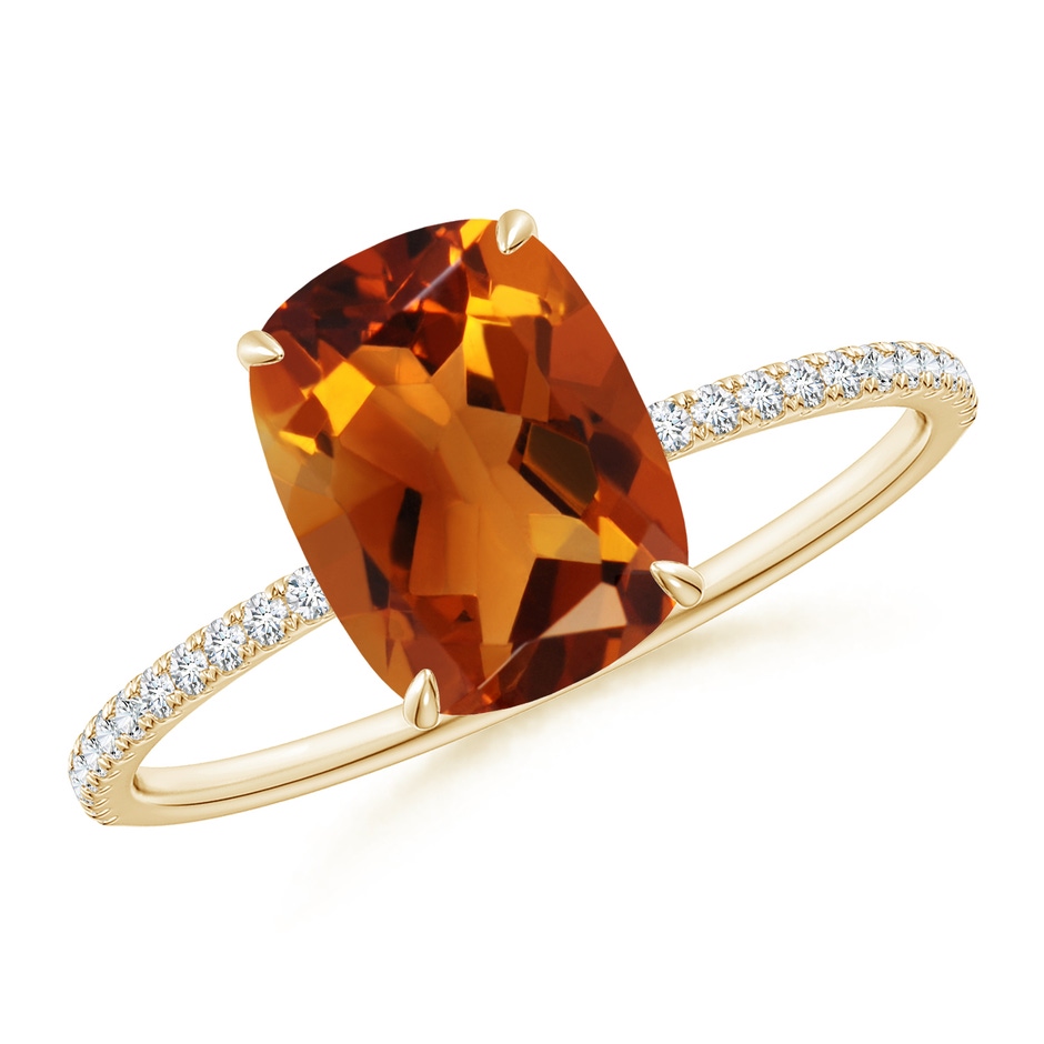 9x7mm AAAA Thin Shank Cushion Cut Citrine Ring With Diamond Accents in Yellow Gold 