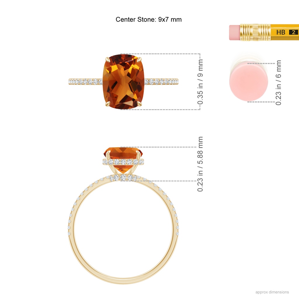 9x7mm AAAA Thin Shank Cushion Cut Citrine Ring With Diamond Accents in Yellow Gold Ruler