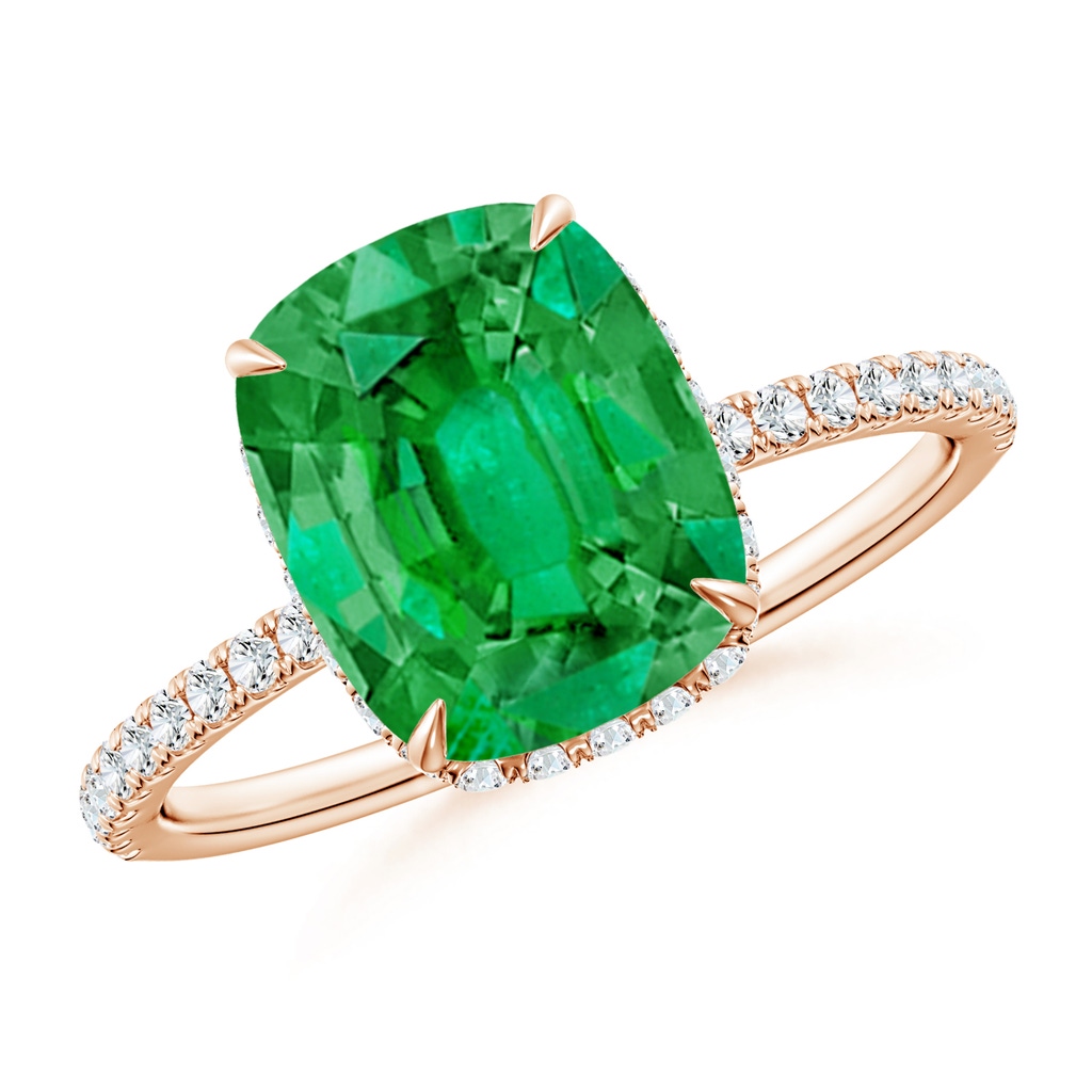 10x8mm AAA Thin Shank Cushion Emerald Ring with Diamond Accents in Rose Gold 