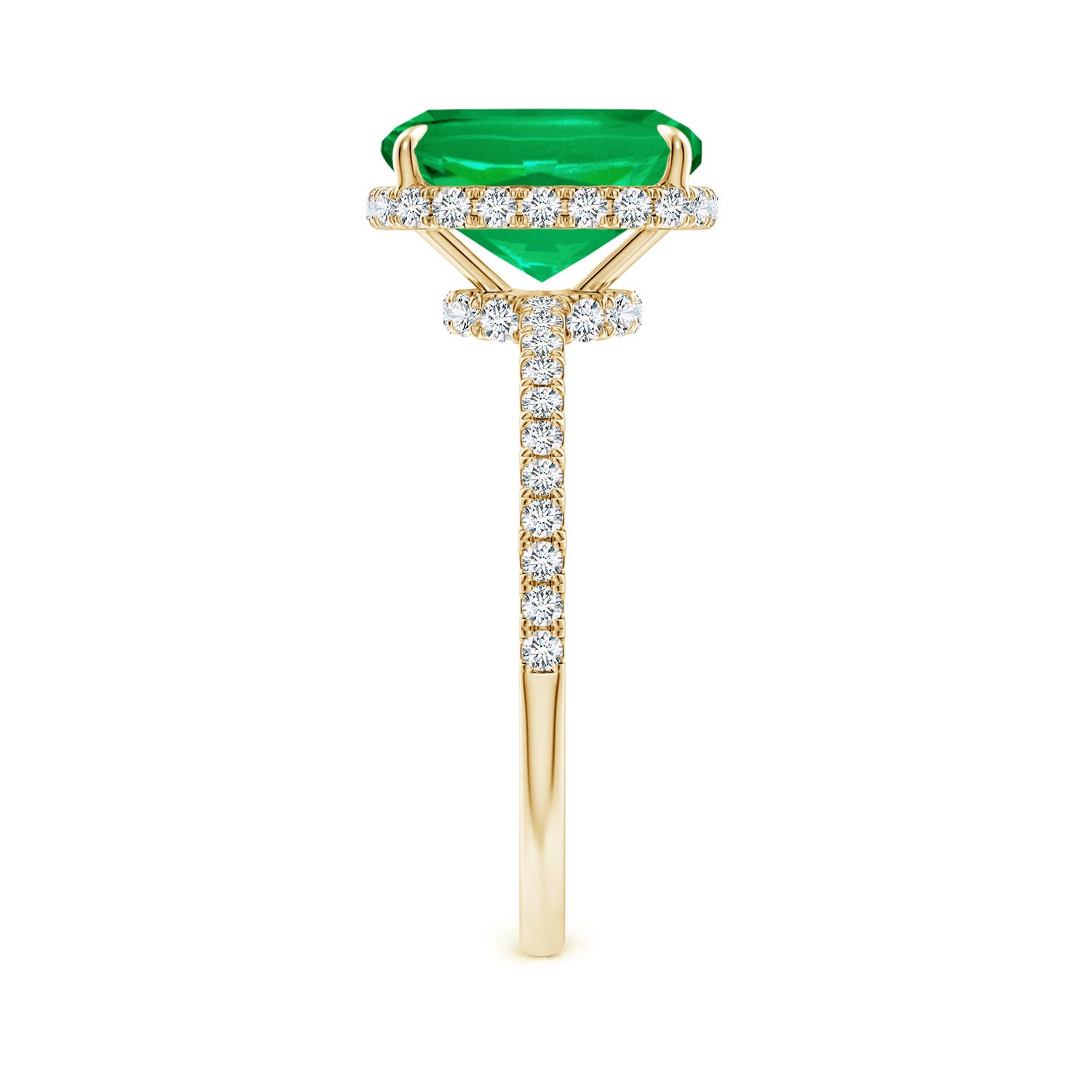 10x8mm AAA Thin Shank Cushion Emerald Ring with Diamond Accents in Yellow Gold - side 5