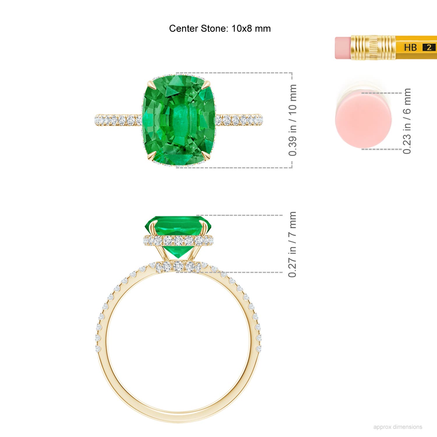 10x8mm AAA Thin Shank Cushion Emerald Ring with Diamond Accents in Yellow Gold - ruler