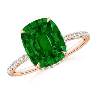 10x8mm AAAA Thin Shank Cushion Emerald Ring with Diamond Accents in Rose Gold