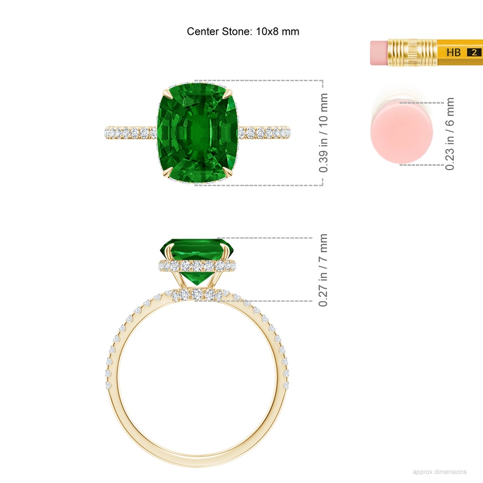 10x8mm AAAA Thin Shank Cushion Emerald Ring with Diamond Accents in Yellow Gold ruler