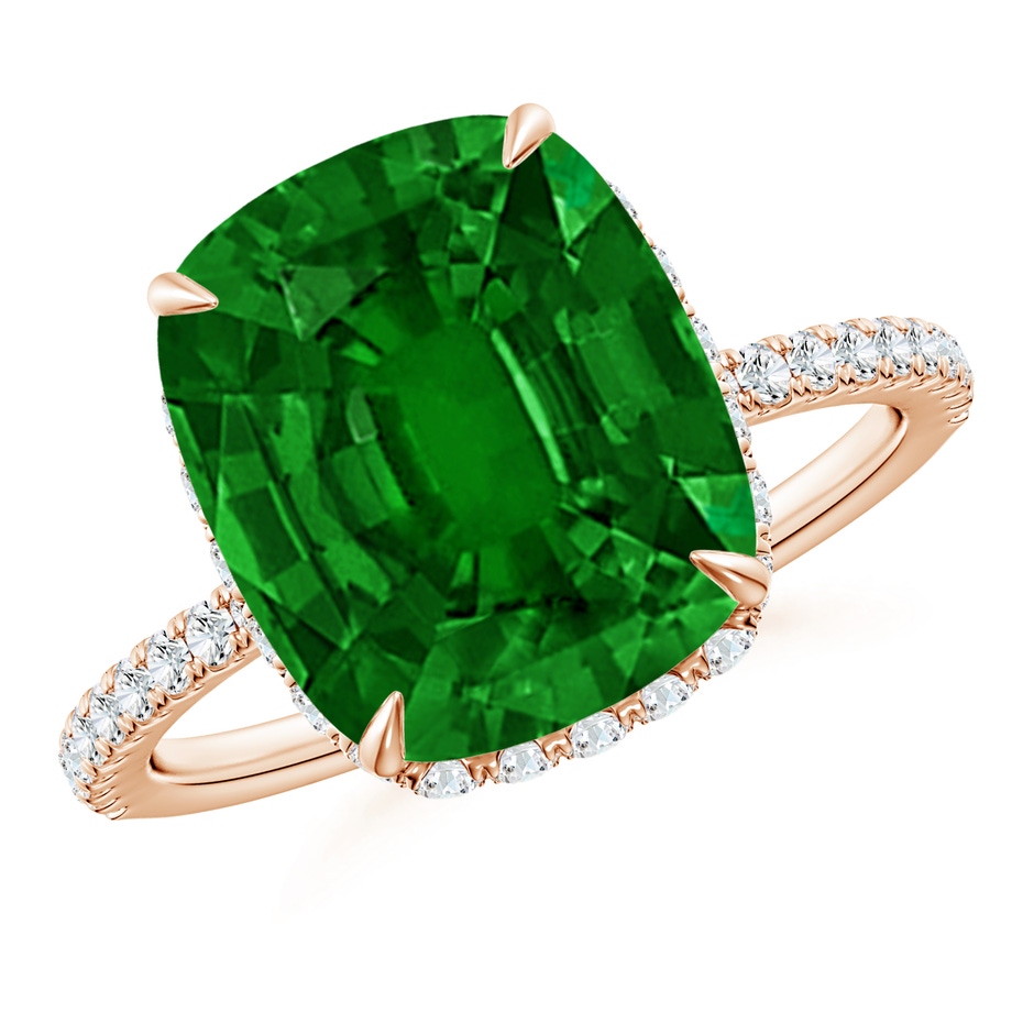 12x10mm AAAA Thin Shank Cushion Emerald Ring with Diamond Accents in Rose Gold 