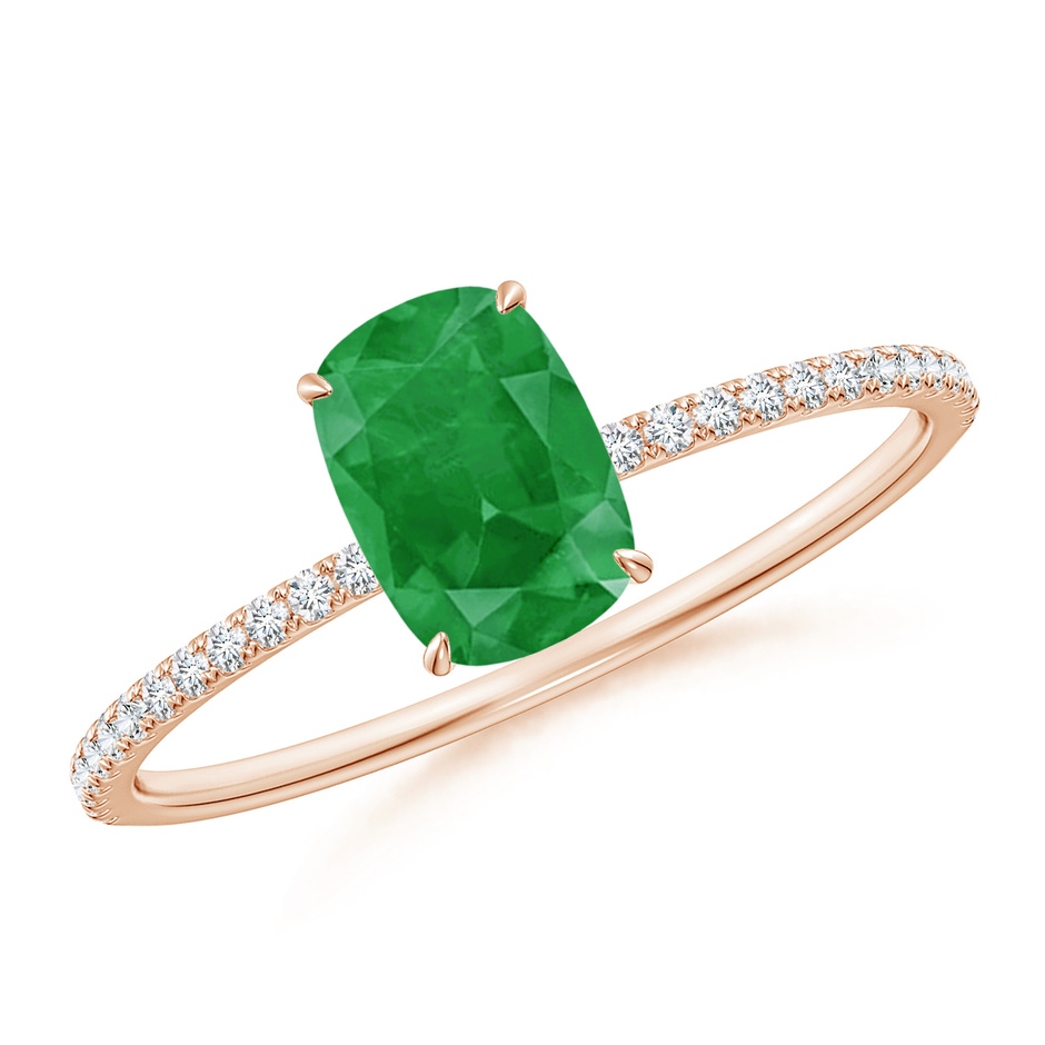 7x5mm A Thin Shank Cushion Emerald Ring with Diamond Accents in Rose Gold 