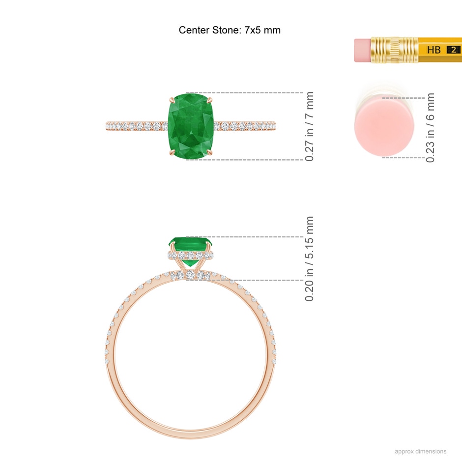 7x5mm A Thin Shank Cushion Emerald Ring with Diamond Accents in Rose Gold ruler