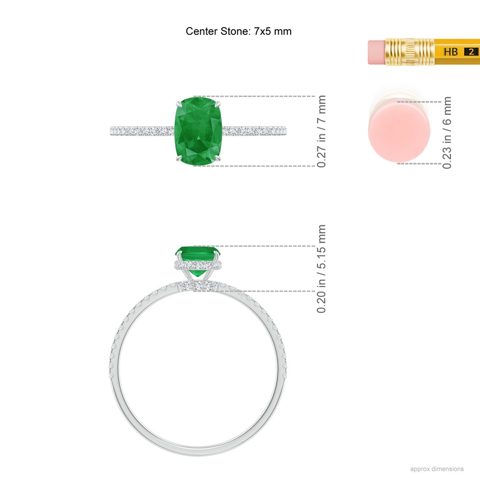 7x5mm A Thin Shank Cushion Emerald Ring with Diamond Accents in White Gold ruler
