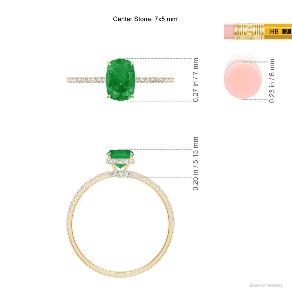 7x5mm A Thin Shank Cushion Emerald Ring with Diamond Accents in Yellow Gold ruler