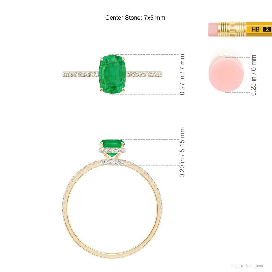 7x5mm AA Thin Shank Cushion Emerald Ring with Diamond Accents in Yellow Gold ruler