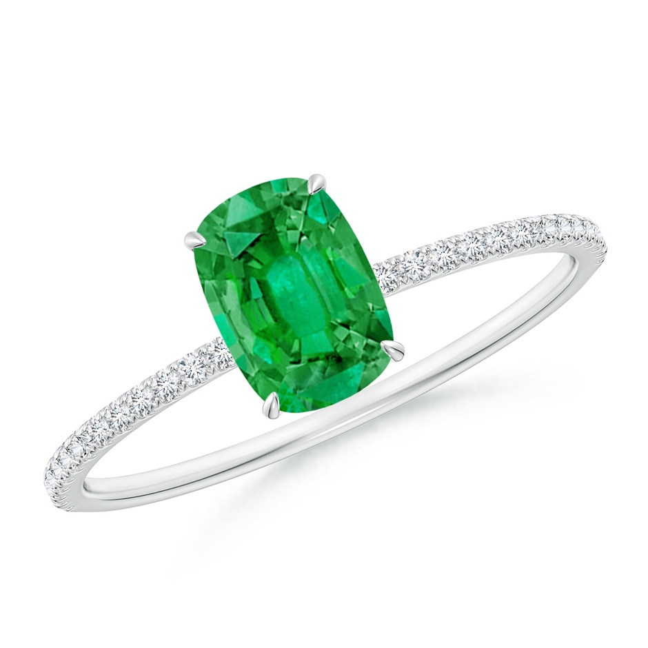 7x5mm AAA Thin Shank Cushion Emerald Ring with Diamond Accents in White Gold 