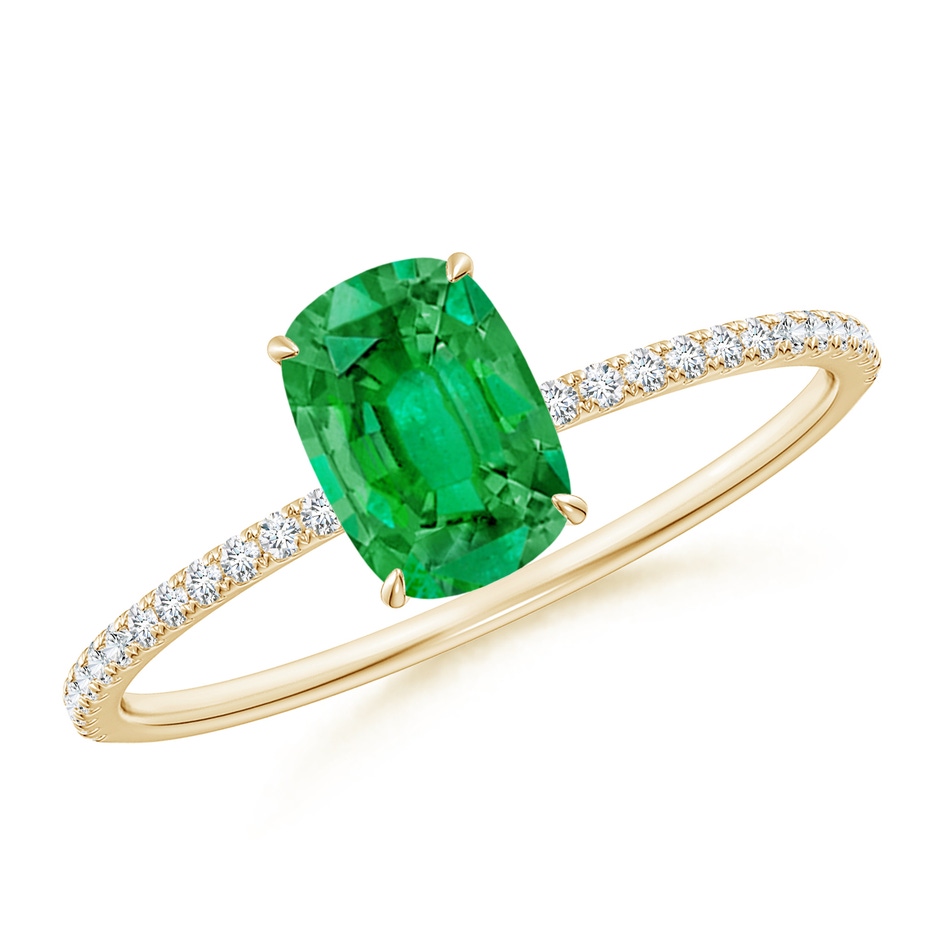 7x5mm AAA Thin Shank Cushion Emerald Ring with Diamond Accents in Yellow Gold 
