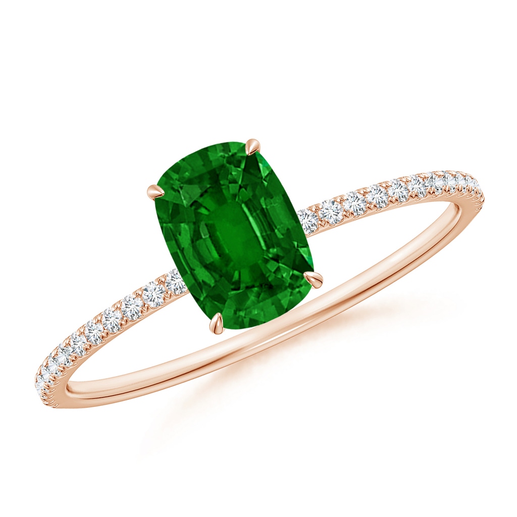7x5mm AAAA Thin Shank Cushion Emerald Ring with Diamond Accents in Rose Gold