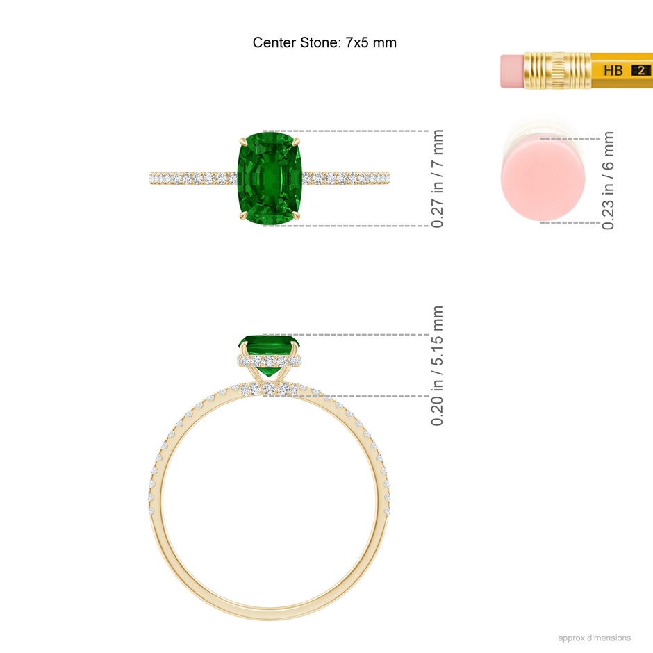 7x5mm AAAA Thin Shank Cushion Emerald Ring with Diamond Accents in Yellow Gold ruler