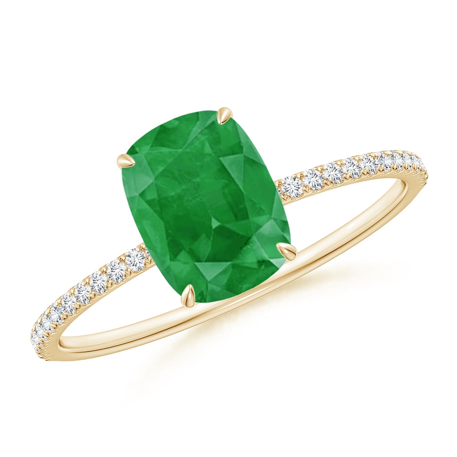 8x6mm A Thin Shank Cushion Emerald Ring with Diamond Accents in Yellow Gold 