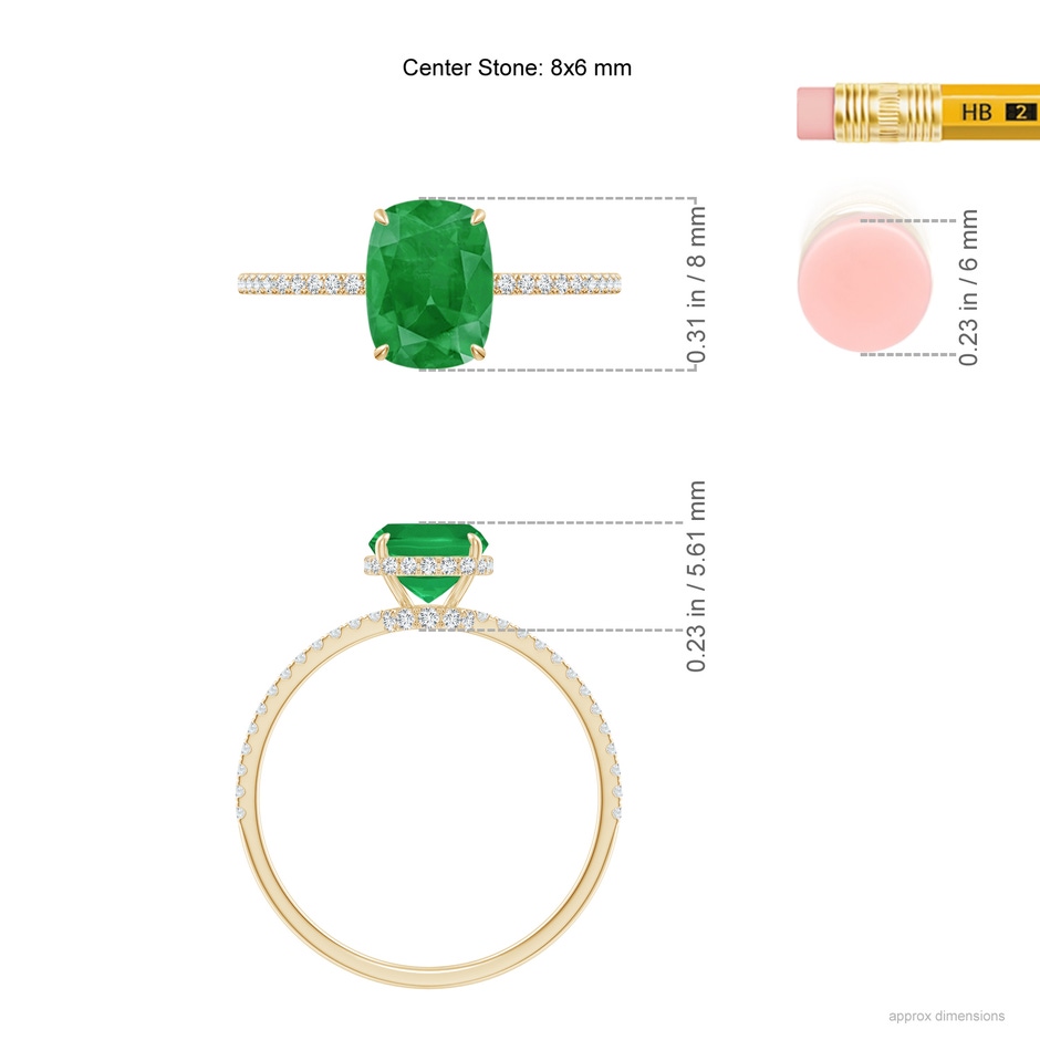 8x6mm A Thin Shank Cushion Emerald Ring with Diamond Accents in Yellow Gold ruler