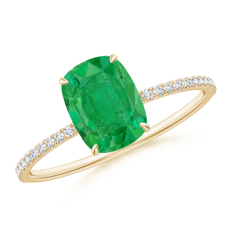 8x6mm AA Thin Shank Cushion Emerald Ring with Diamond Accents in Yellow Gold 