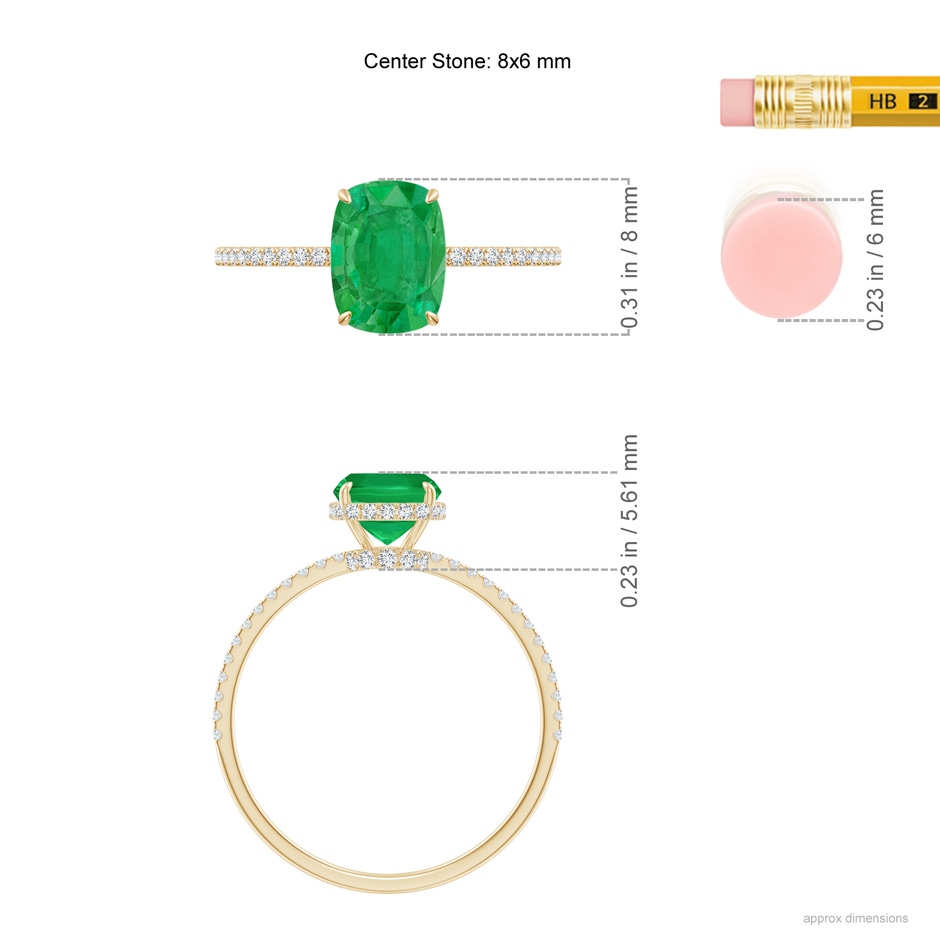 8x6mm AA Thin Shank Cushion Emerald Ring with Diamond Accents in Yellow Gold ruler
