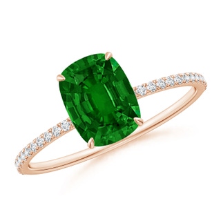 8x6mm AAAA Thin Shank Cushion Emerald Ring with Diamond Accents in Rose Gold