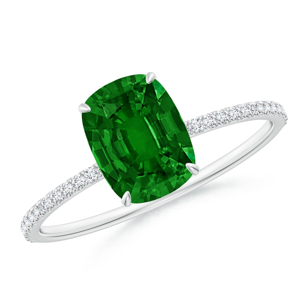 8x6mm AAAA Thin Shank Cushion Emerald Ring with Diamond Accents in White Gold 