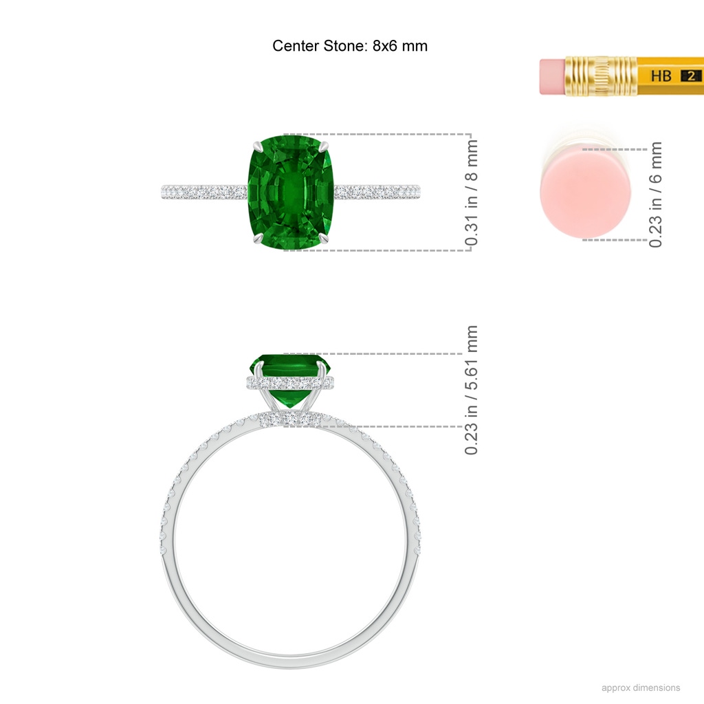 8x6mm AAAA Thin Shank Cushion Emerald Ring with Diamond Accents in White Gold ruler