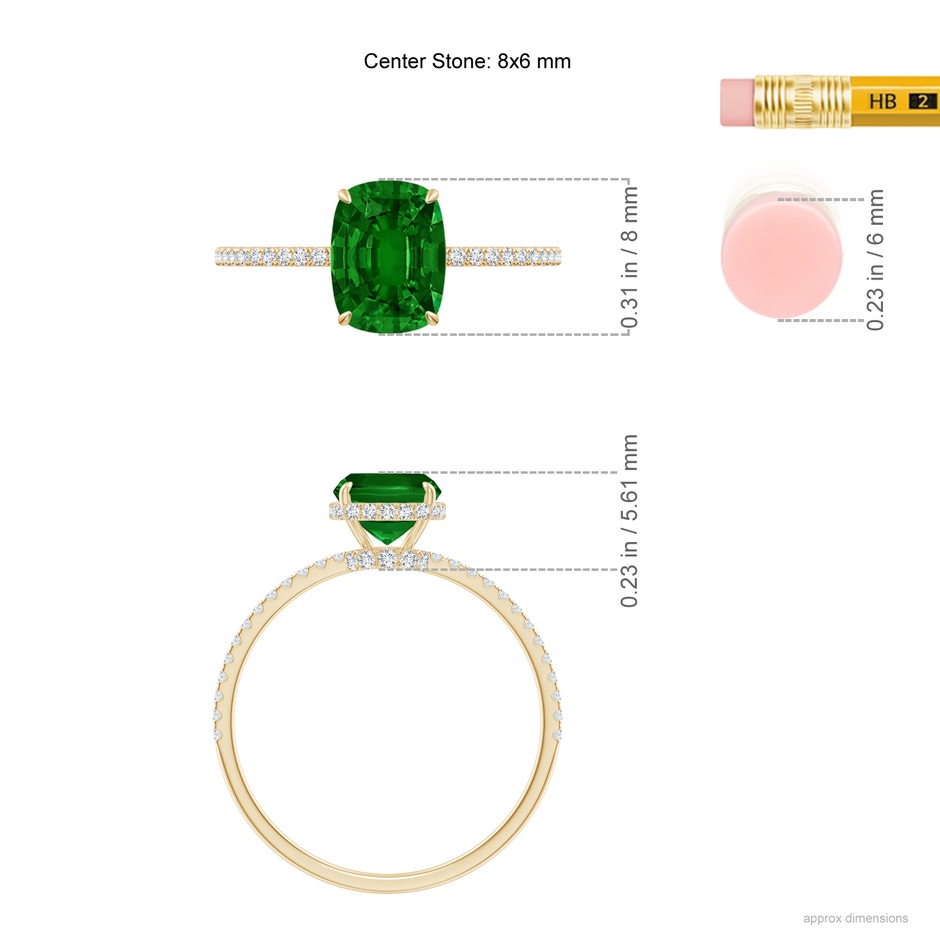 8x6mm AAAA Thin Shank Cushion Emerald Ring with Diamond Accents in Yellow Gold ruler