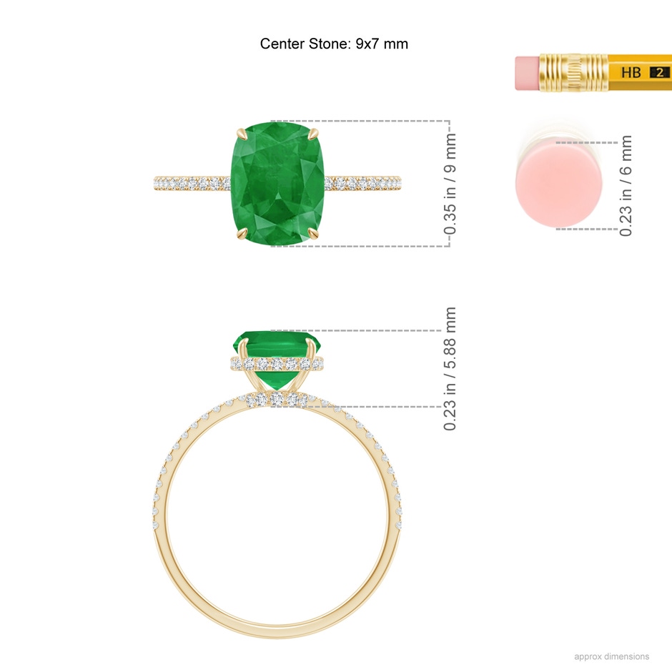 9x7mm A Thin Shank Cushion Emerald Ring with Diamond Accents in Yellow Gold ruler