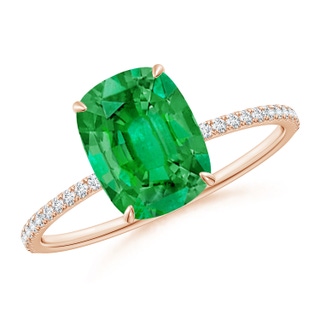 9x7mm AAA Thin Shank Cushion Emerald Ring with Diamond Accents in Rose Gold