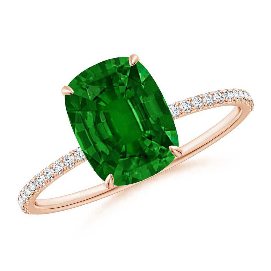 9x7mm AAAA Thin Shank Cushion Emerald Ring with Diamond Accents in Rose Gold 
