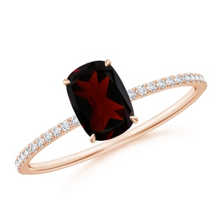 7x5mm A Thin Shank Cushion Cut Garnet Ring With Diamond Accents in Rose Gold