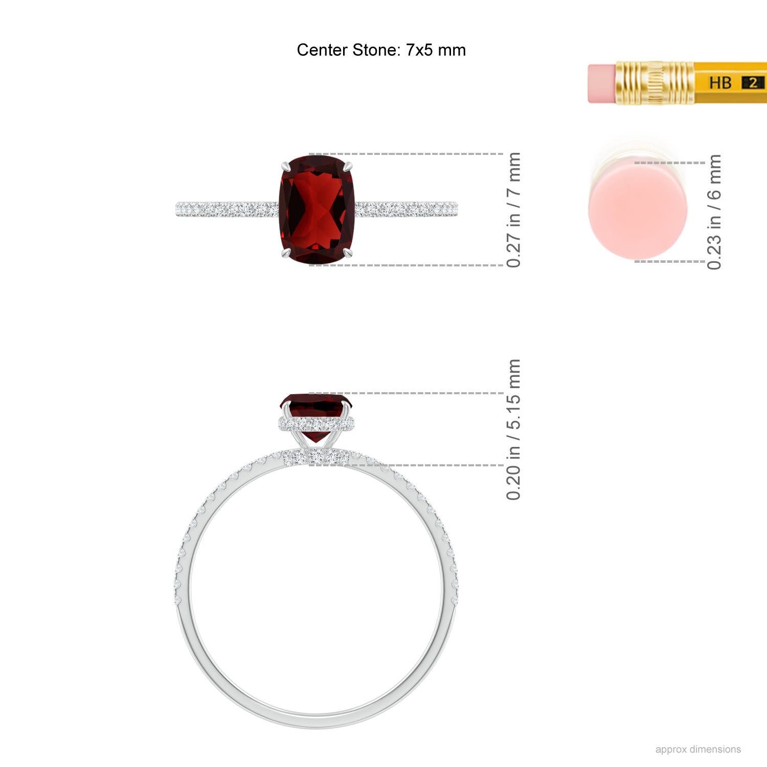 7x5mm AAA Thin Shank Cushion Cut Garnet Ring With Diamond Accents in White Gold - ruler