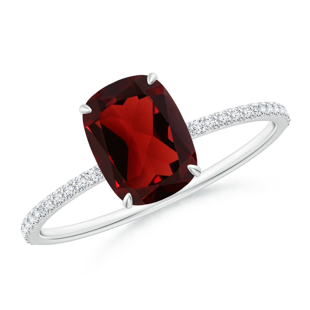 8x6mm AAA Thin Shank Cushion Cut Garnet Ring With Diamond Accents in White Gold