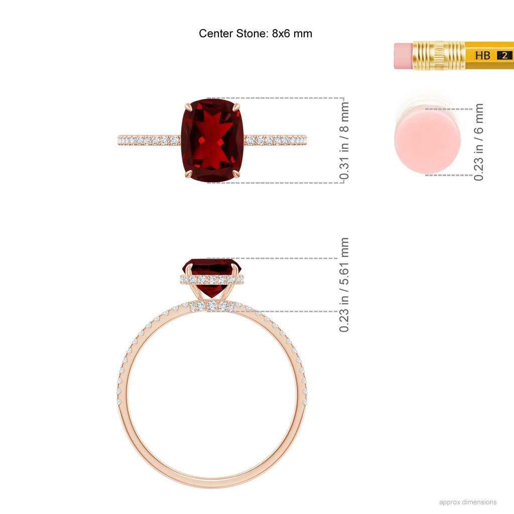 8x6mm AAAA Thin Shank Cushion Cut Garnet Ring With Diamond Accents in Rose Gold Ruler